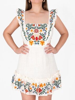 Embroidered White Ruffle Mini Dress with Floral  Detail/ Herencia Clothing